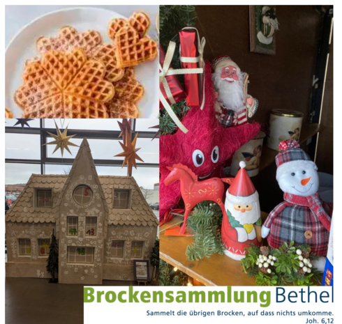 Das Bild zeigt eine festliche Szene mit einem Lebkuchenhaus, weihnachtlicher Dekoration, inklusive einer Schneemann- und einer Weihnachtsmannfigur, sowie Waffeln in Form von Herzen. Unten steht der Hinweis auf die Brocken- und Sammlung in Bethel, zusammen mit einem Bibelvers.