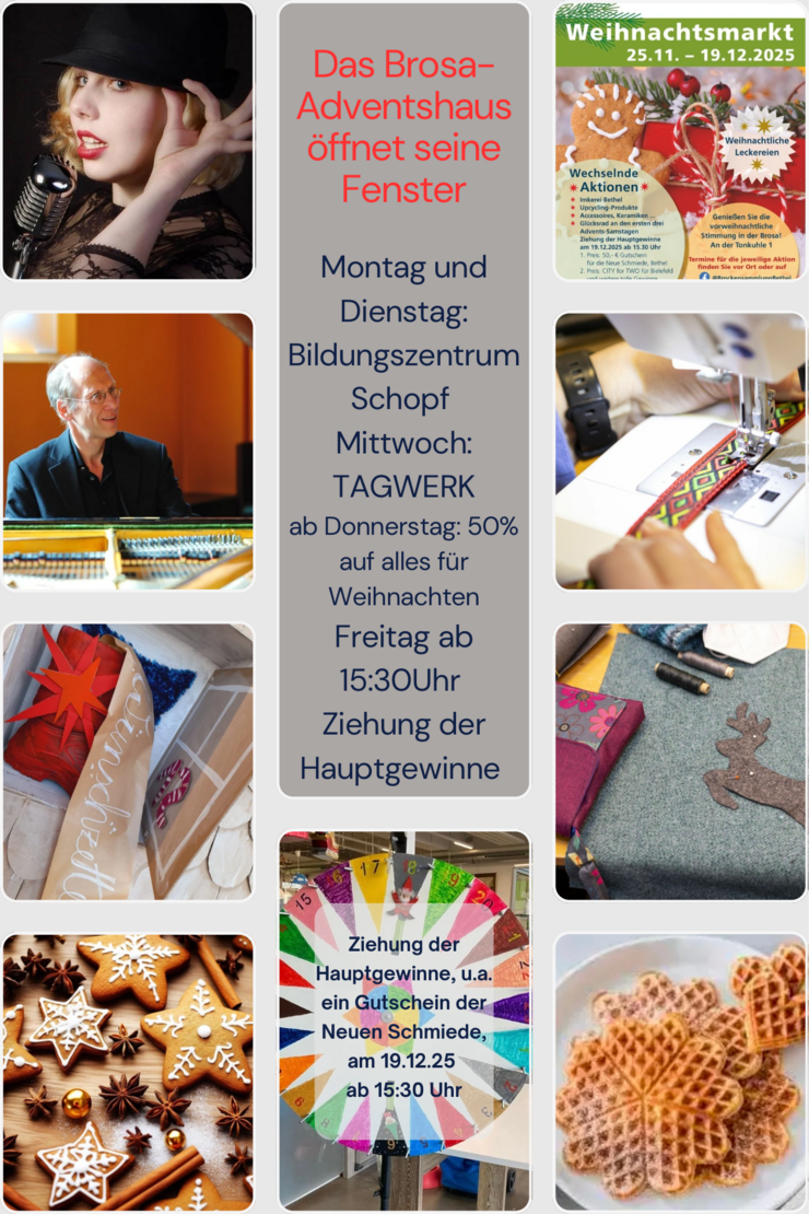 Alt-Text: Das Brosa-Adventshaus öffnet täglich seine Fenster. Die Anzeige informiert über verschiedene Veranstaltungen von Montag bis Freitag, darunter Leckereien und eine Verlosung. Der Weihnachtsmarkt findet vom 25. November bis 19. Dezember 2023 statt.